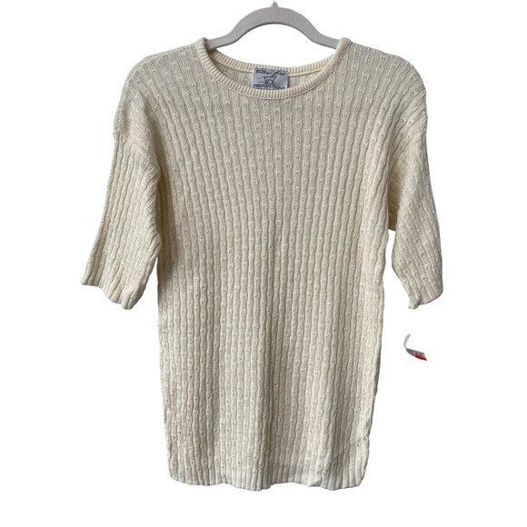 Vintage 90s College Point Sweater Large Cream Short Sleeve Ribbed Deadstock NEW - Picture 1 of 7